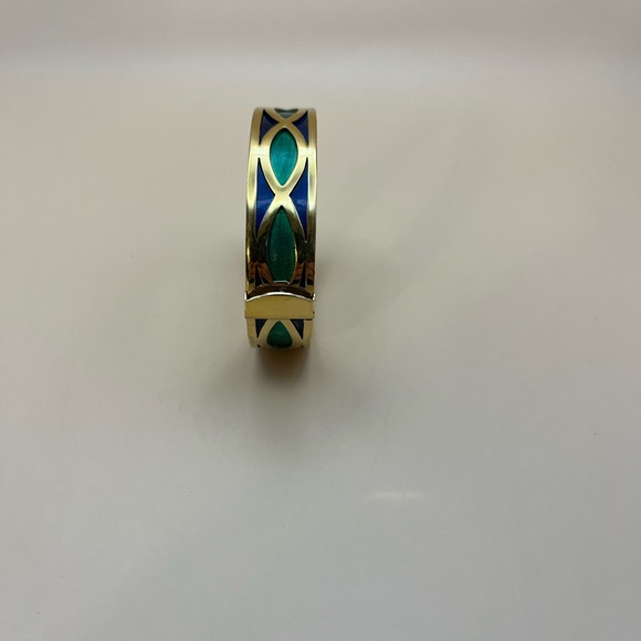 4022-PTT Vintage Signed Napier Bangle Goldtone Metal Blue & Green Geometric - Picture 7 of 13
